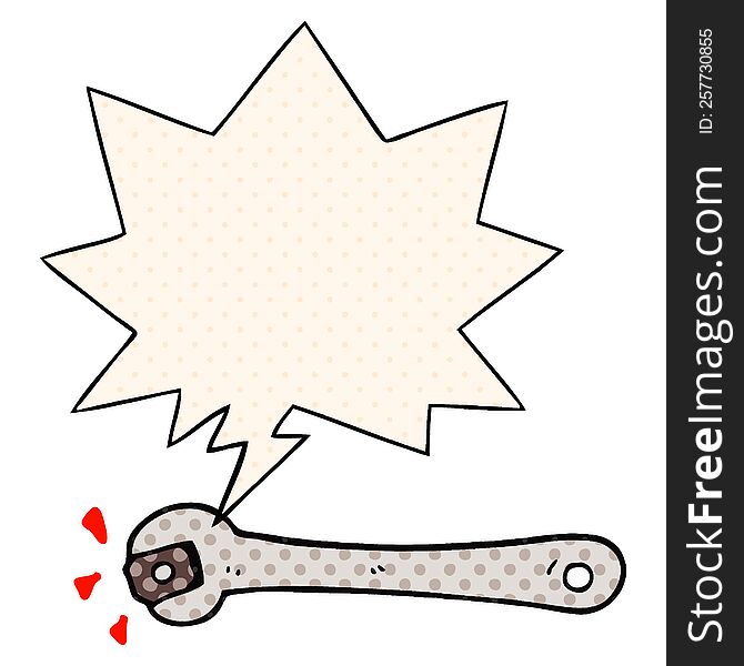 cartoon spanner turning nut and speech bubble in comic book style