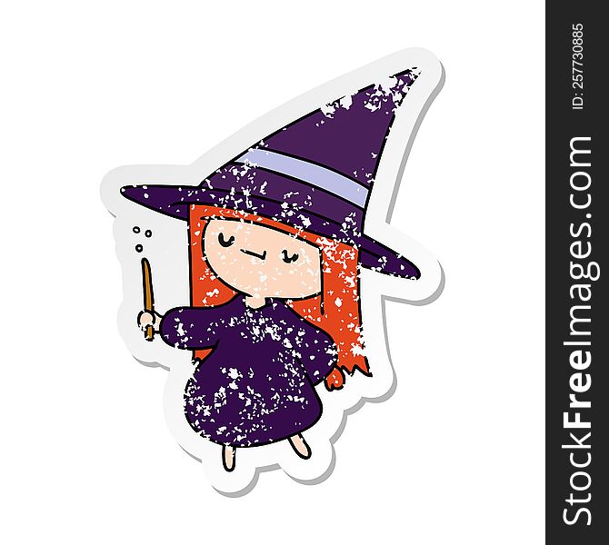 distressed sticker cartoon illustration of a cute kawaii witch girl. distressed sticker cartoon illustration of a cute kawaii witch girl
