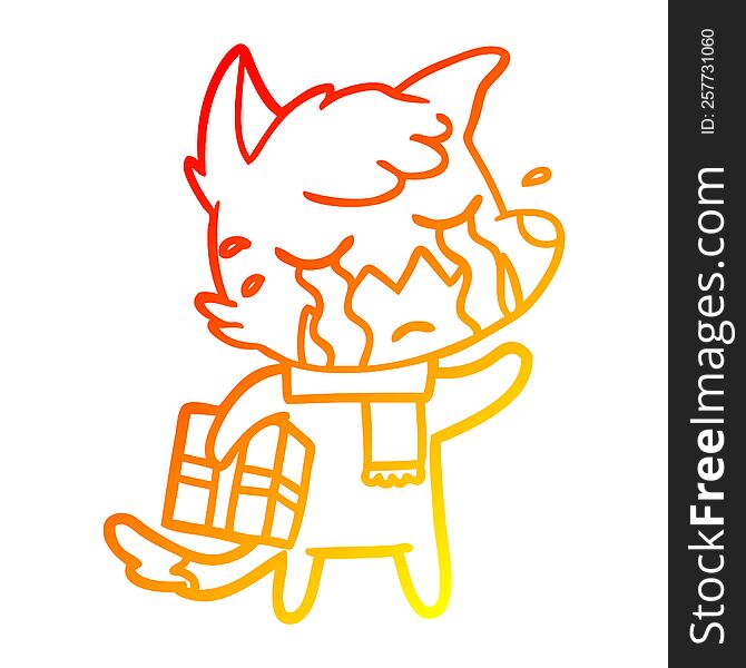 Warm Gradient Line Drawing Crying Christmas Fox Cartoon