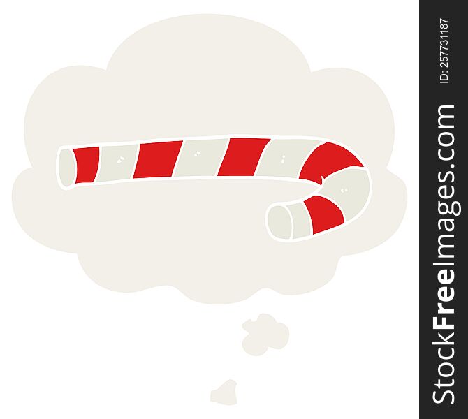 cartoon candy cane with thought bubble in retro style