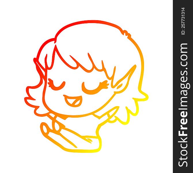 warm gradient line drawing of a happy cartoon elf girl sitting