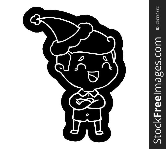 quirky cartoon icon of a laughing man wearing santa hat