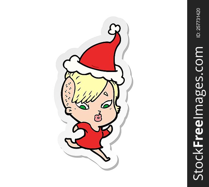 sticker cartoon of a surprised girl wearing santa hat