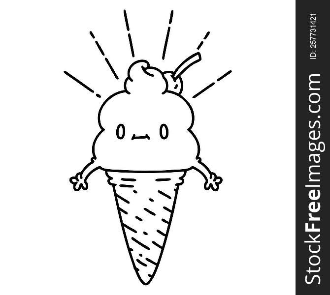 illustration of a traditional black line work tattoo style ice cream character