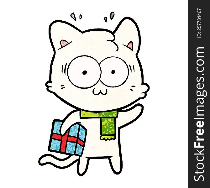 cartoon surprised cat with christmas present. cartoon surprised cat with christmas present