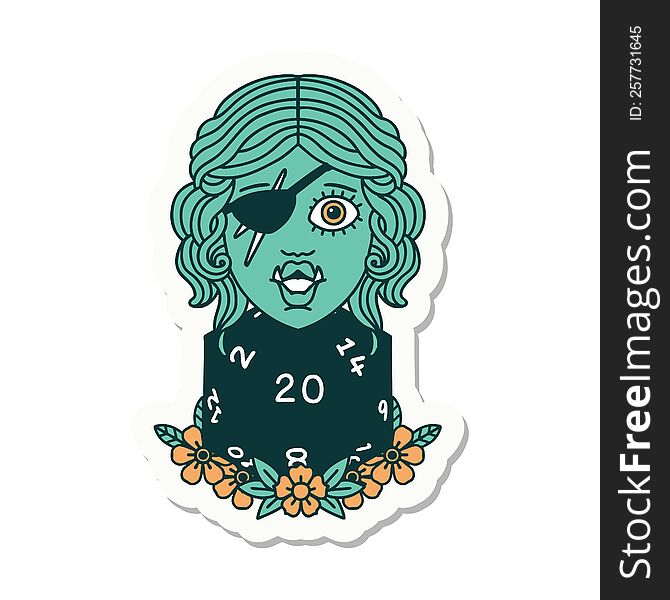 sticker of a half orc rogue with natural 20 dice roll. sticker of a half orc rogue with natural 20 dice roll