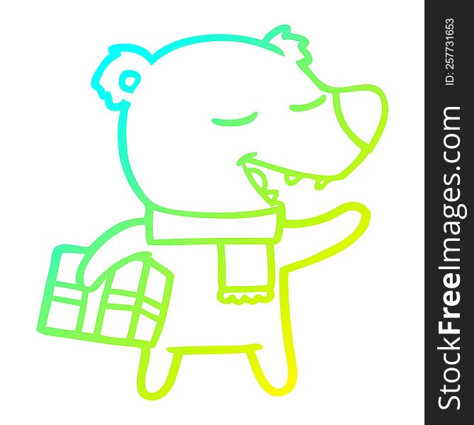 Cold Gradient Line Drawing Cartoon Bear With Present