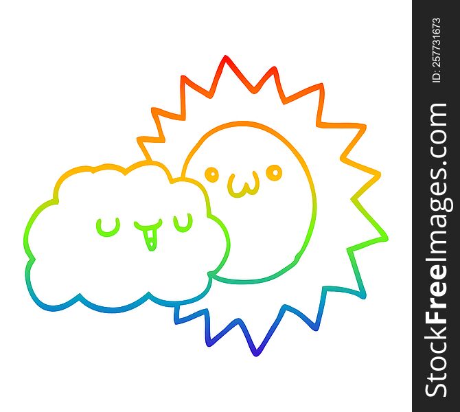 rainbow gradient line drawing of a cartoon sun and cloud