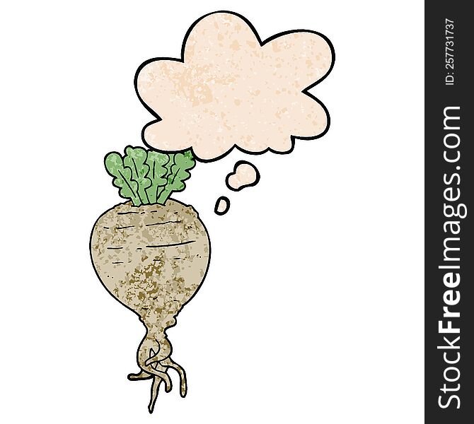 Cartoon Root Vegetable And Thought Bubble In Grunge Texture Pattern Style