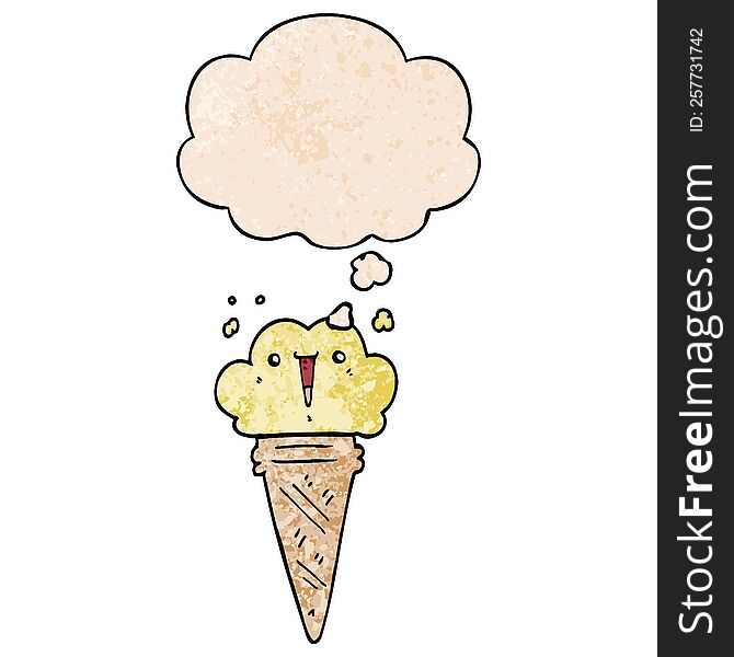 cartoon ice cream with face with thought bubble in grunge texture style. cartoon ice cream with face with thought bubble in grunge texture style