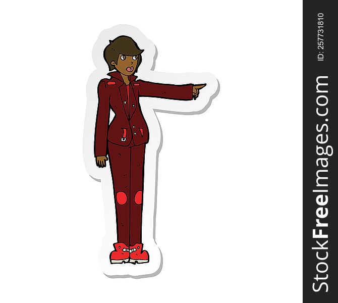 Sticker Of A Cartoon Woman In Leather Jacket Pointing