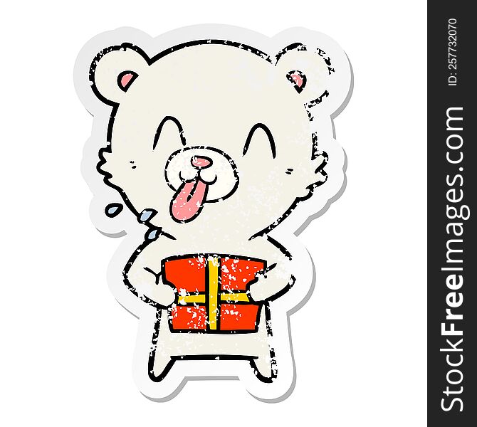 Distressed Sticker Of A Rude Cartoon Polar Bear Sticking Out Tongue With Present