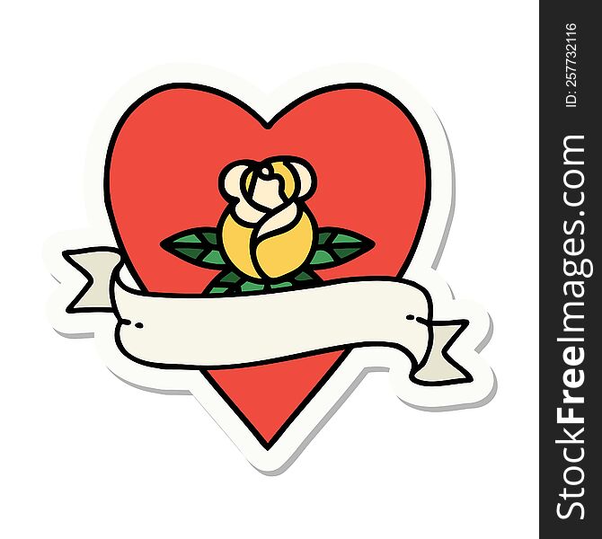 Tattoo Style Sticker Of A Heart Rose And Banner