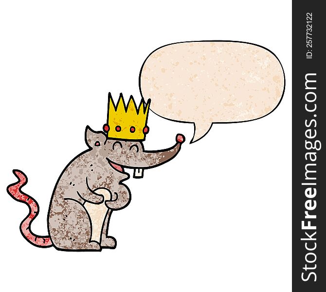 cartoon rat king laughing and speech bubble in retro texture style