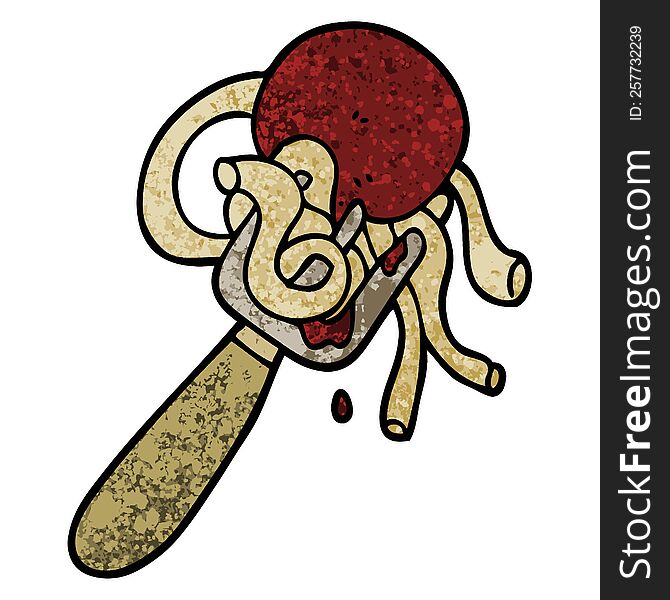 grunge textured illustration cartoon spaghetti and meatballs on fork