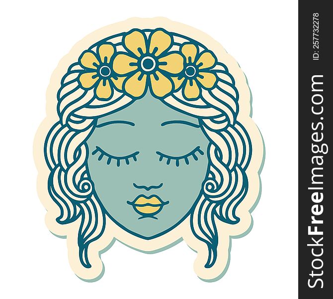 sticker of tattoo in traditional style of a maidens face. sticker of tattoo in traditional style of a maidens face