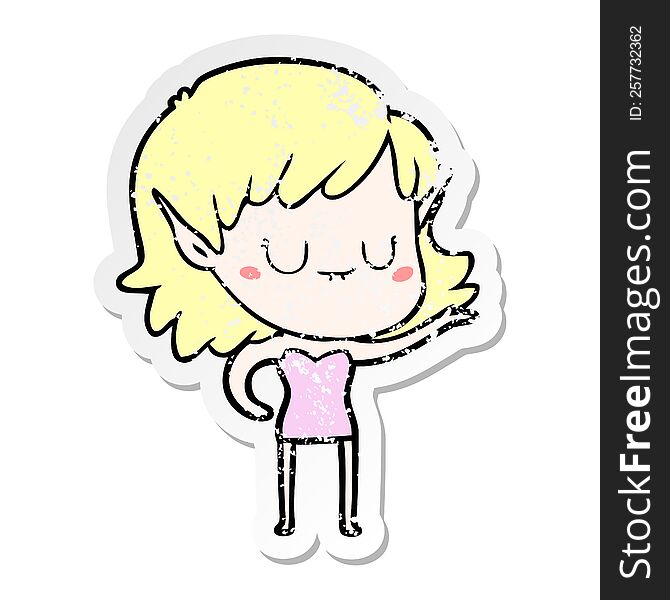 Distressed Sticker Of A Happy Cartoon Elf Girl