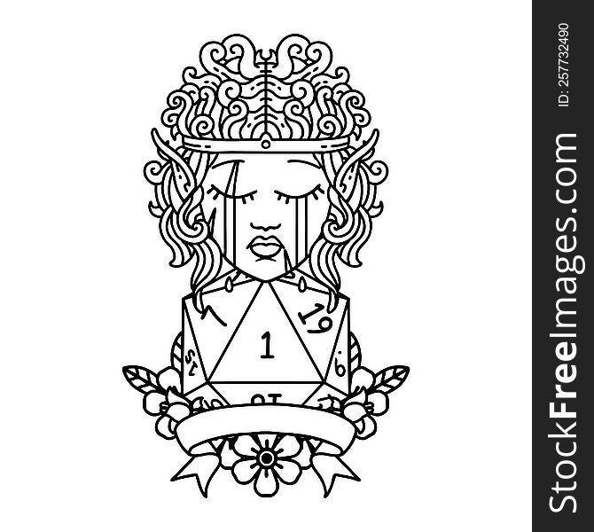 Black and White Tattoo linework Style sad elf barbarian character with natural one roll. Black and White Tattoo linework Style sad elf barbarian character with natural one roll