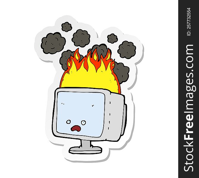 Sticker Of A Cartoon Burning Computer