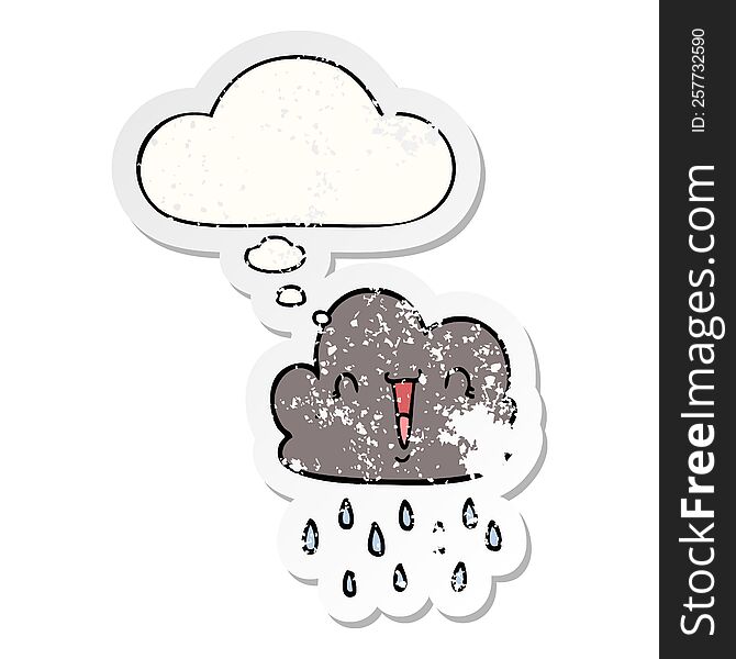 cartoon storm cloud and thought bubble as a distressed worn sticker