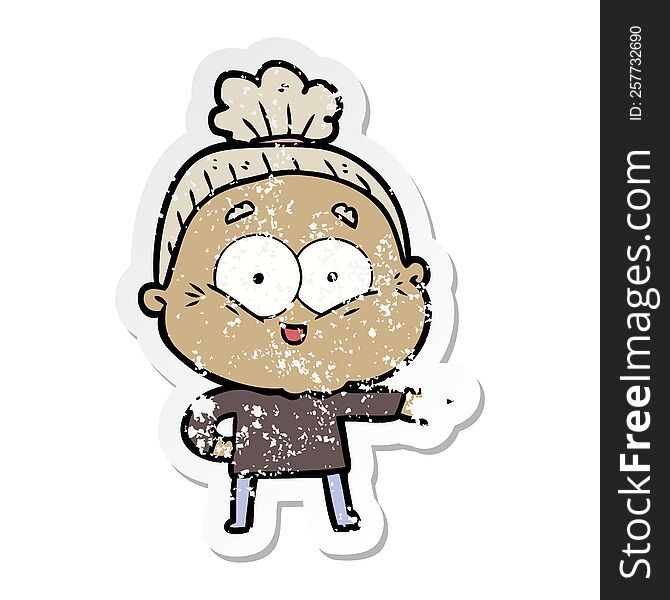 distressed sticker of a cartoon happy old woman