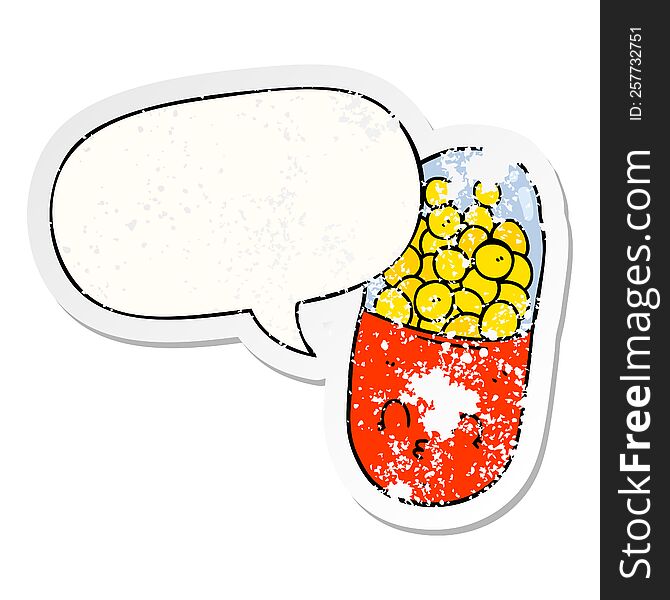 Cartoon Pill And Speech Bubble Distressed Sticker