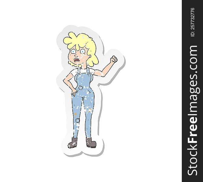 retro distressed sticker of a cartoon woman shaking fist