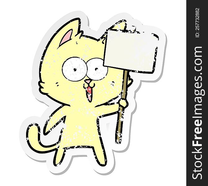 Distressed Sticker Of A Funny Cartoon Cat With Sign