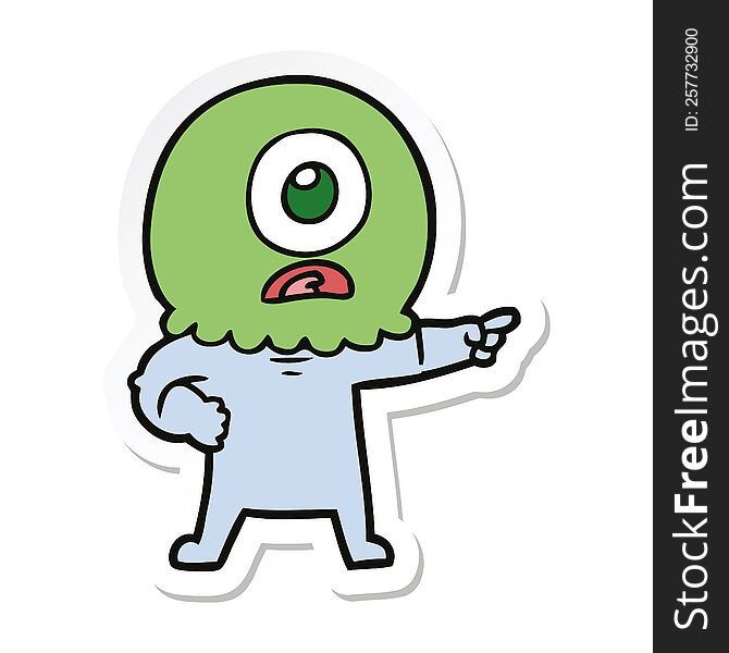 sticker of a cartoon cyclops alien spaceman pointing