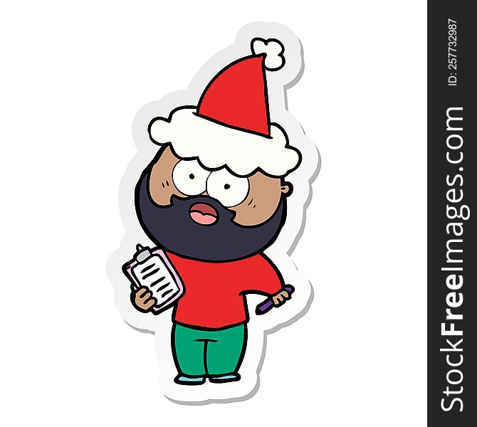 sticker cartoon of a bearded man with clipboard and pen wearing santa hat