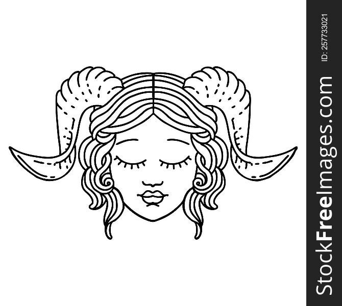 Black and White Tattoo linework Style tiefling character face. Black and White Tattoo linework Style tiefling character face