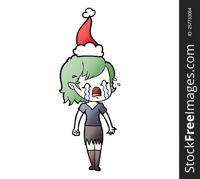 hand drawn gradient cartoon of a crying vampire girl wearing santa hat