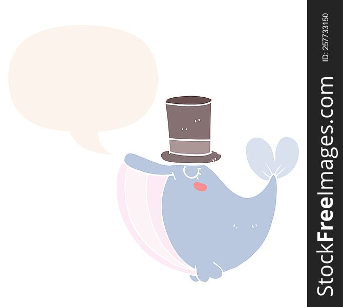 Cartoon Whale And Top Hat And Speech Bubble In Retro Style