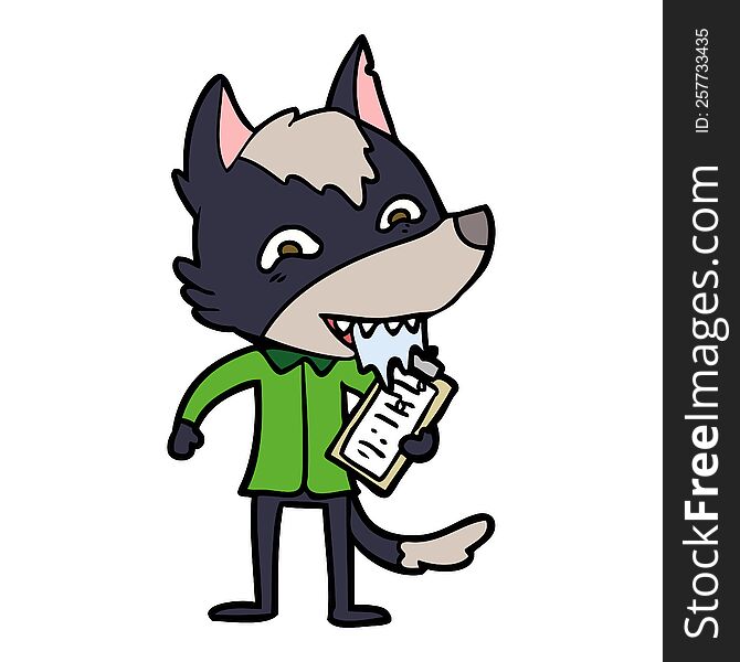 cartoon hungry wolf with clip board. cartoon hungry wolf with clip board