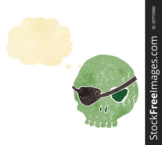 cartoon skull with eye patch with thought bubble