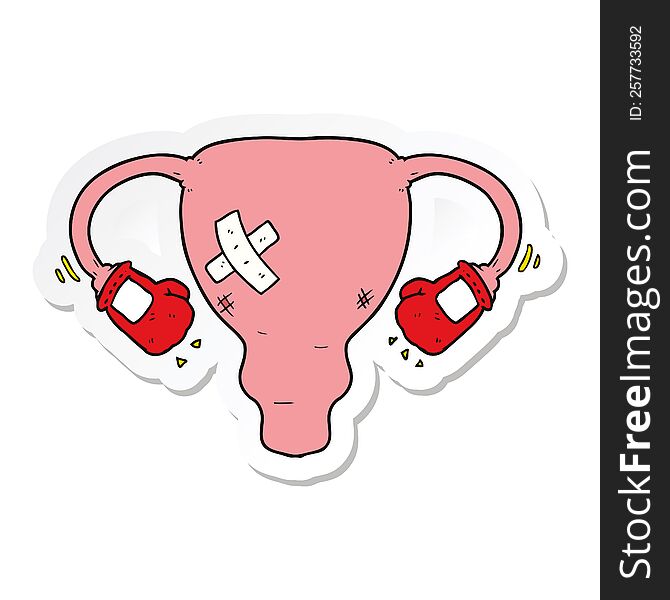 sticker of a cartoon beat up uterus with boxing gloves