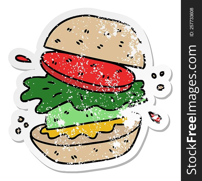 distressed sticker of a quirky hand drawn cartoon veggie burger