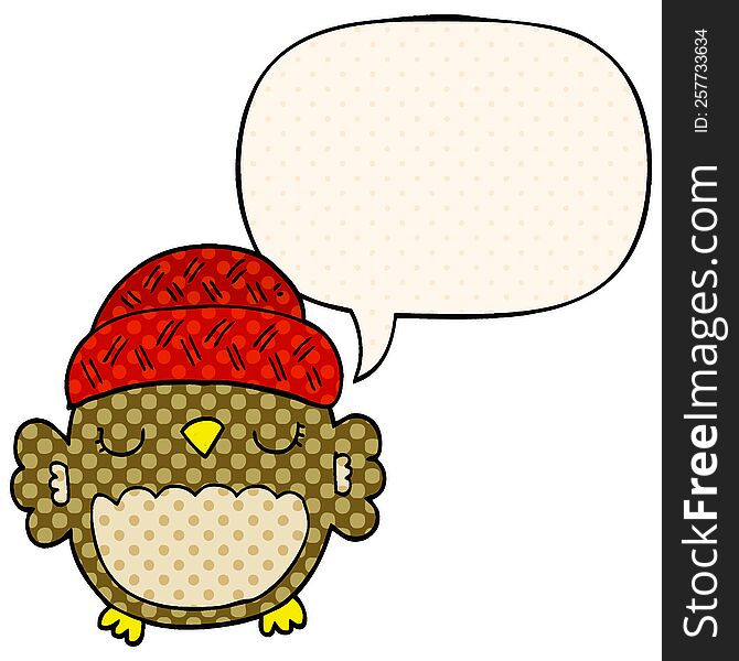 Cute Cartoon Owl In Hat And Speech Bubble In Comic Book Style