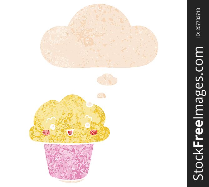Cartoon Cupcake With Face And Thought Bubble In Retro Textured Style