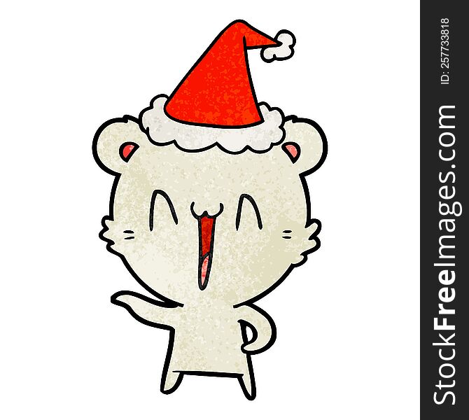 laughing polar bear hand drawn textured cartoon of a wearing santa hat. laughing polar bear hand drawn textured cartoon of a wearing santa hat