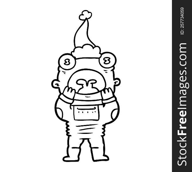 Line Drawing Of A Alien Gasping In Surprise Wearing Santa Hat