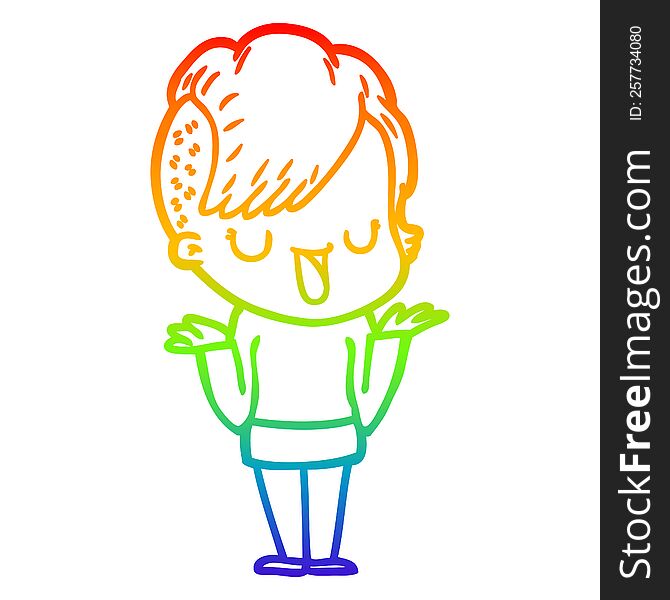 rainbow gradient line drawing of a cute cartoon girl with hipster haircut