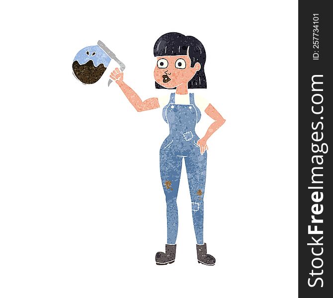 freehand retro cartoon woman in dungarees with coffee