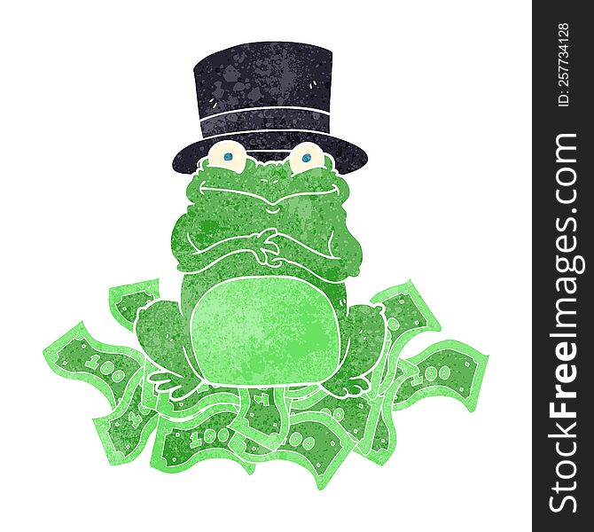 freehand retro cartoon rich frog in top hat