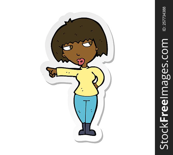 sticker of a cartoon annoyed woman pointing