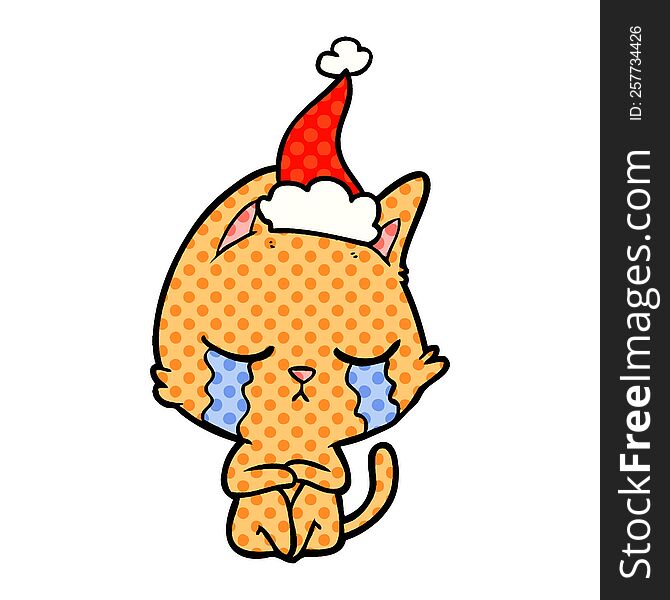 crying hand drawn comic book style illustration of a cat sitting wearing santa hat