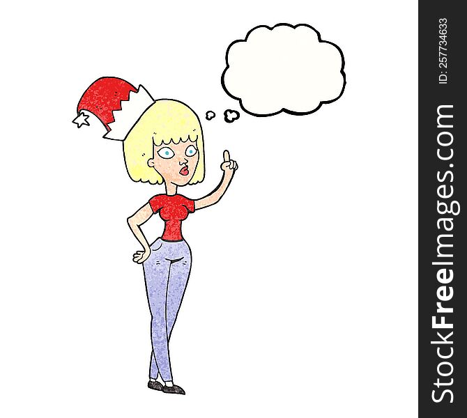 freehand drawn thought bubble textured cartoon woman wearing christmas hat