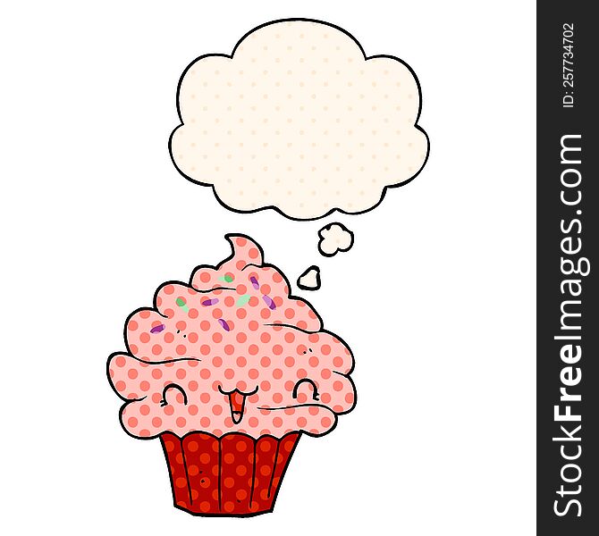 cute cartoon frosted cupcake with thought bubble in comic book style