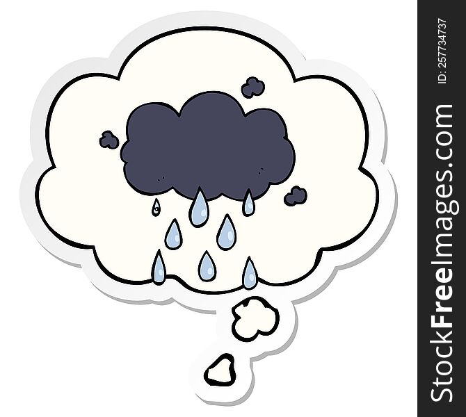 cartoon cloud raining with thought bubble as a printed sticker