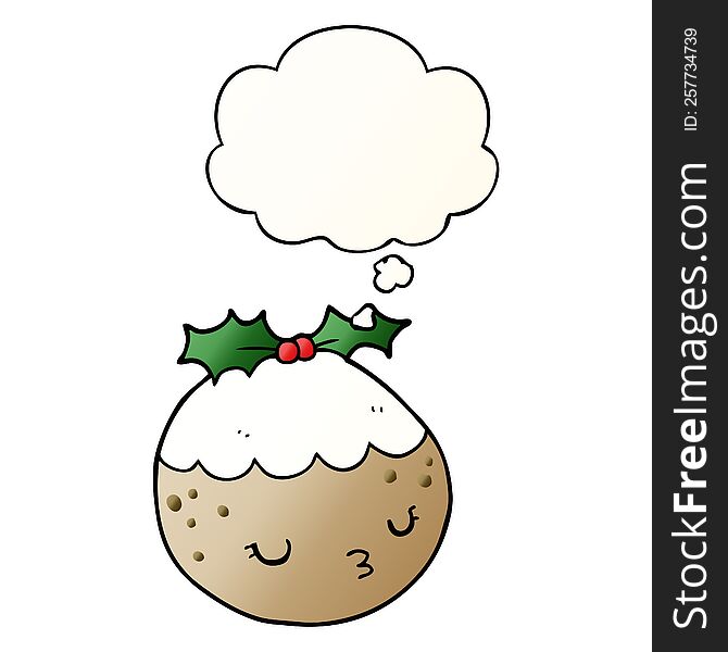 cute cartoon christmas pudding with thought bubble in smooth gradient style